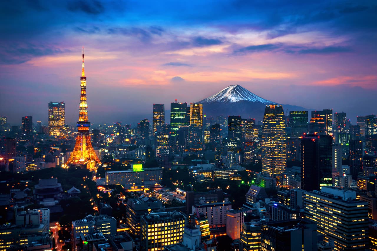 Aerial view of Tokyo cityscape with Fuji mountain, Japan.